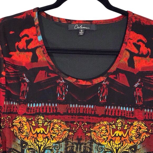 Calessa Graphic Art Print Tunic Red Black Size 1X Asymmetric Lace Hem Lagenlook - Picture 2 of 11